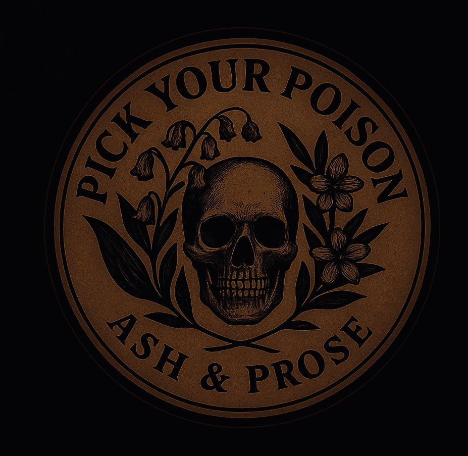 Circular logo with skull, nightshade, and lily of the valley for the Ash & Prose Pick Your Poison Candle line.