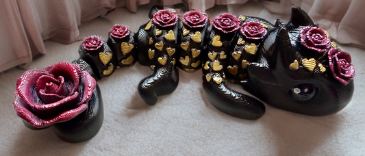 8-inch Rose Heart Articulated Dragon Sculpture with Gold Details