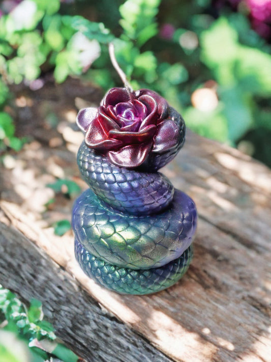 Thorn & Fang – Gothic Serpent and Rose Candle | Black Pillar Candle, Dark Academia Decor