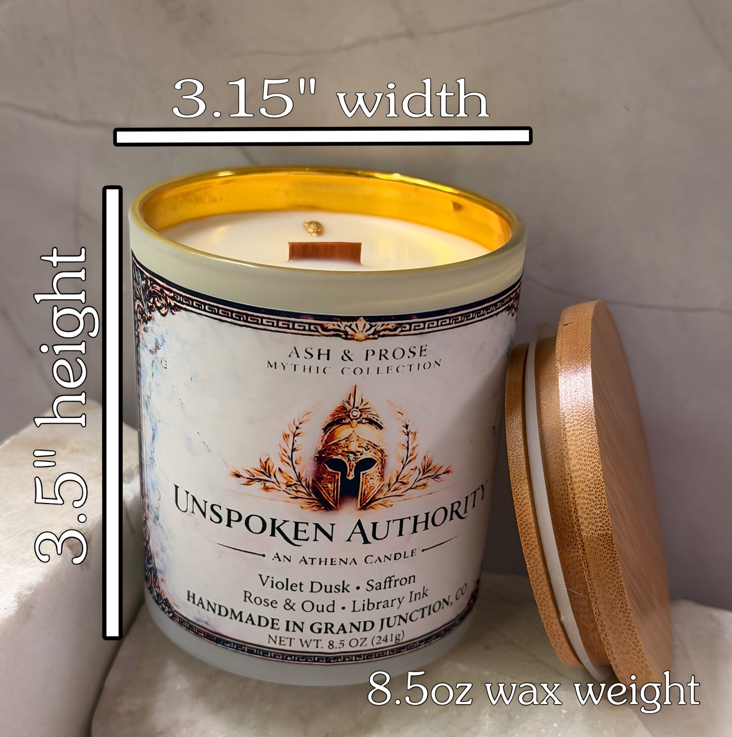 Athena Candle – Unspoken Authority, Violet Dusk, Saffron, Rose Oud (8.5oz)