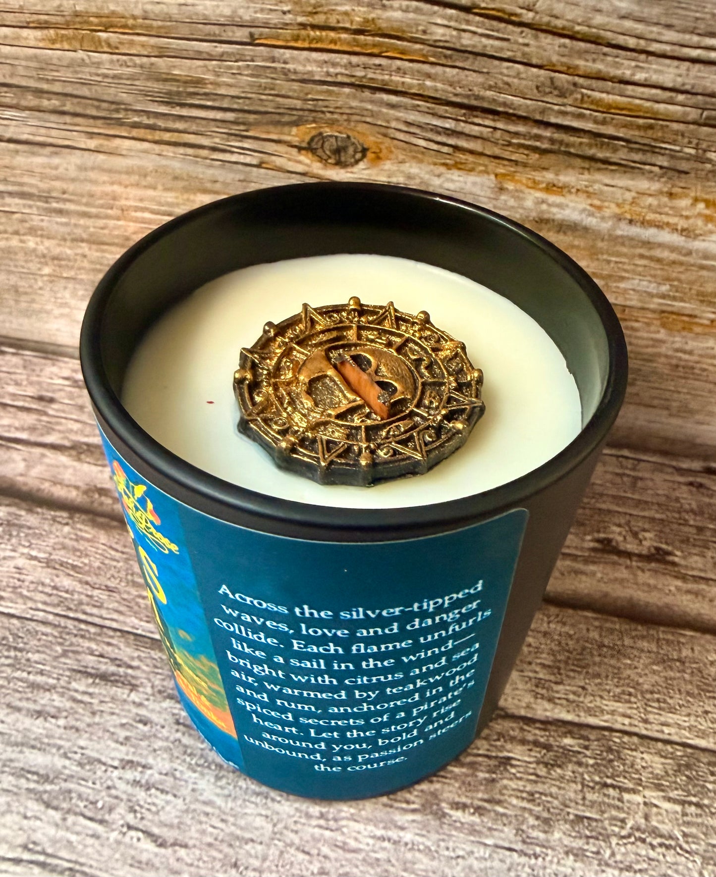 Product photo- jar candle with wax dubloon
