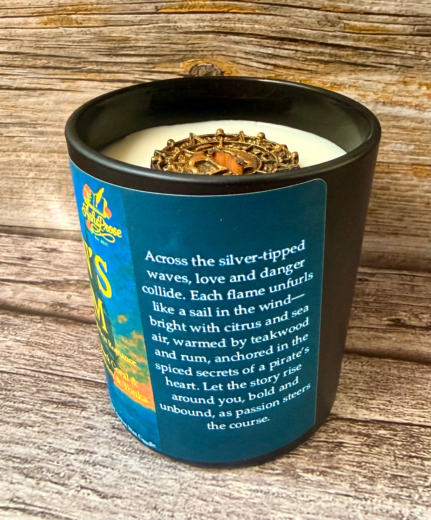 Product photo- jar candle with wax dubloon