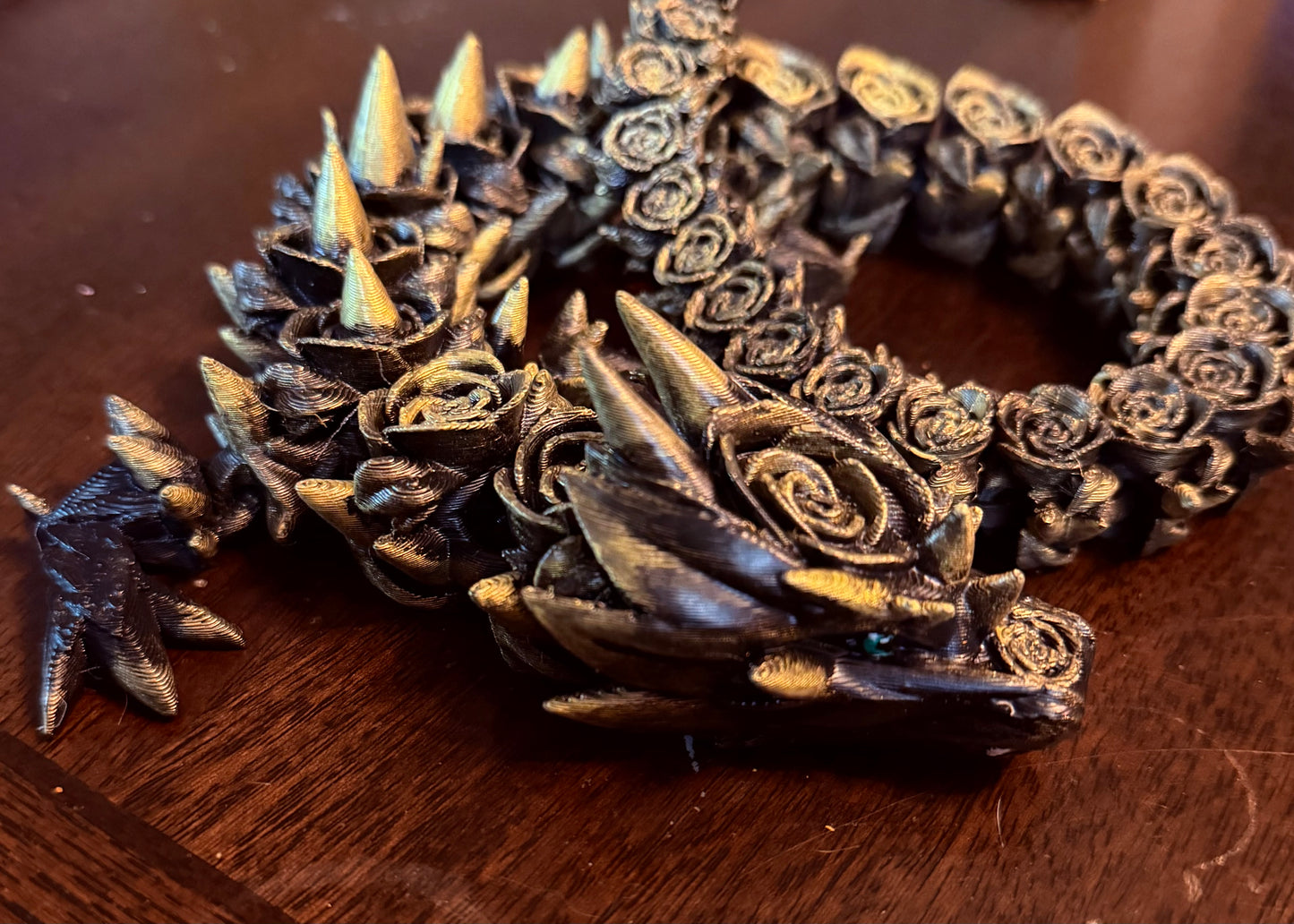 Gilded Obsidian 21-inch Rose Thorn Articulated Dragon Sculpture