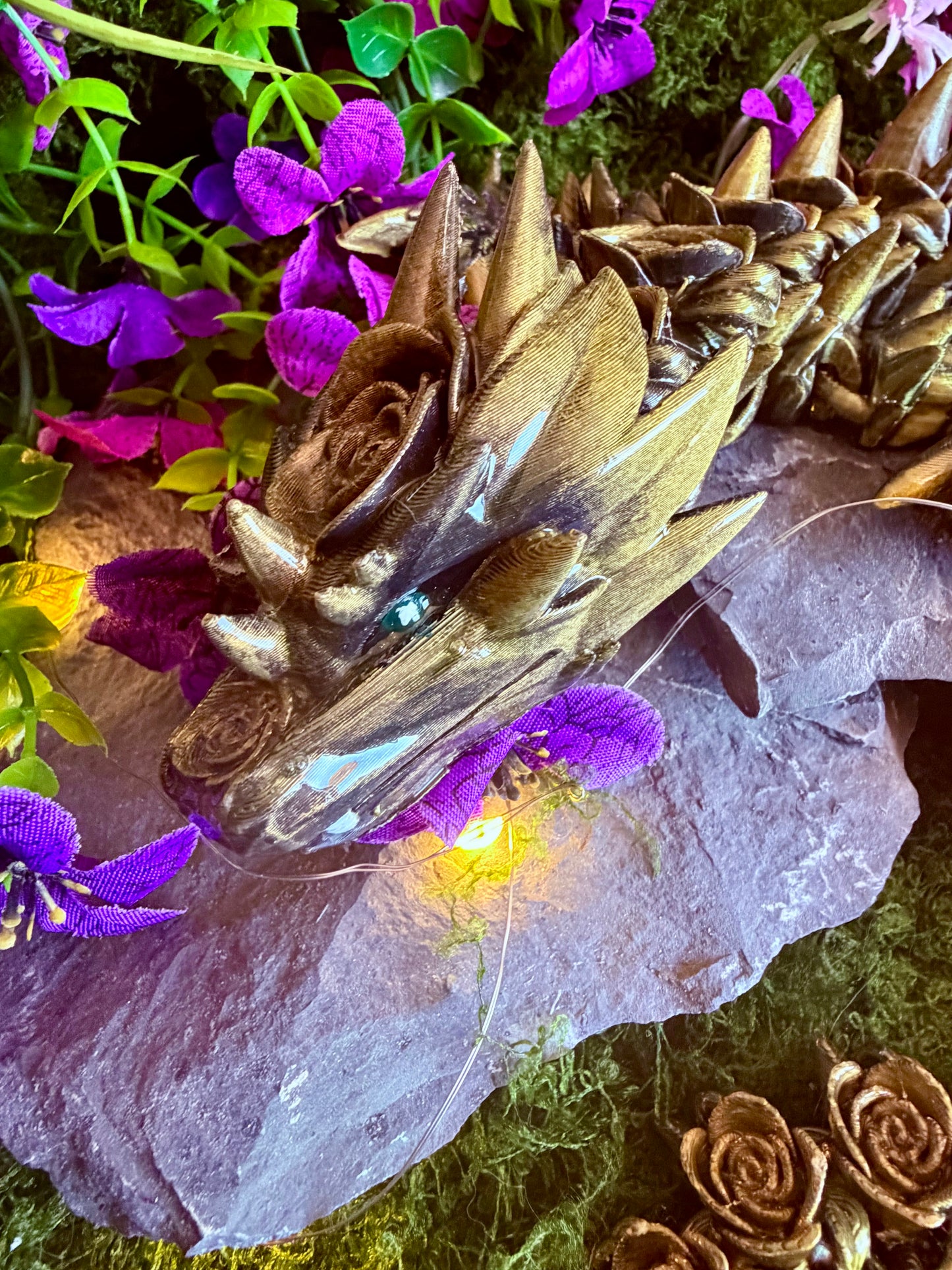 Gilded Obsidian 21-inch Rose Thorn Articulated Dragon Sculpture
