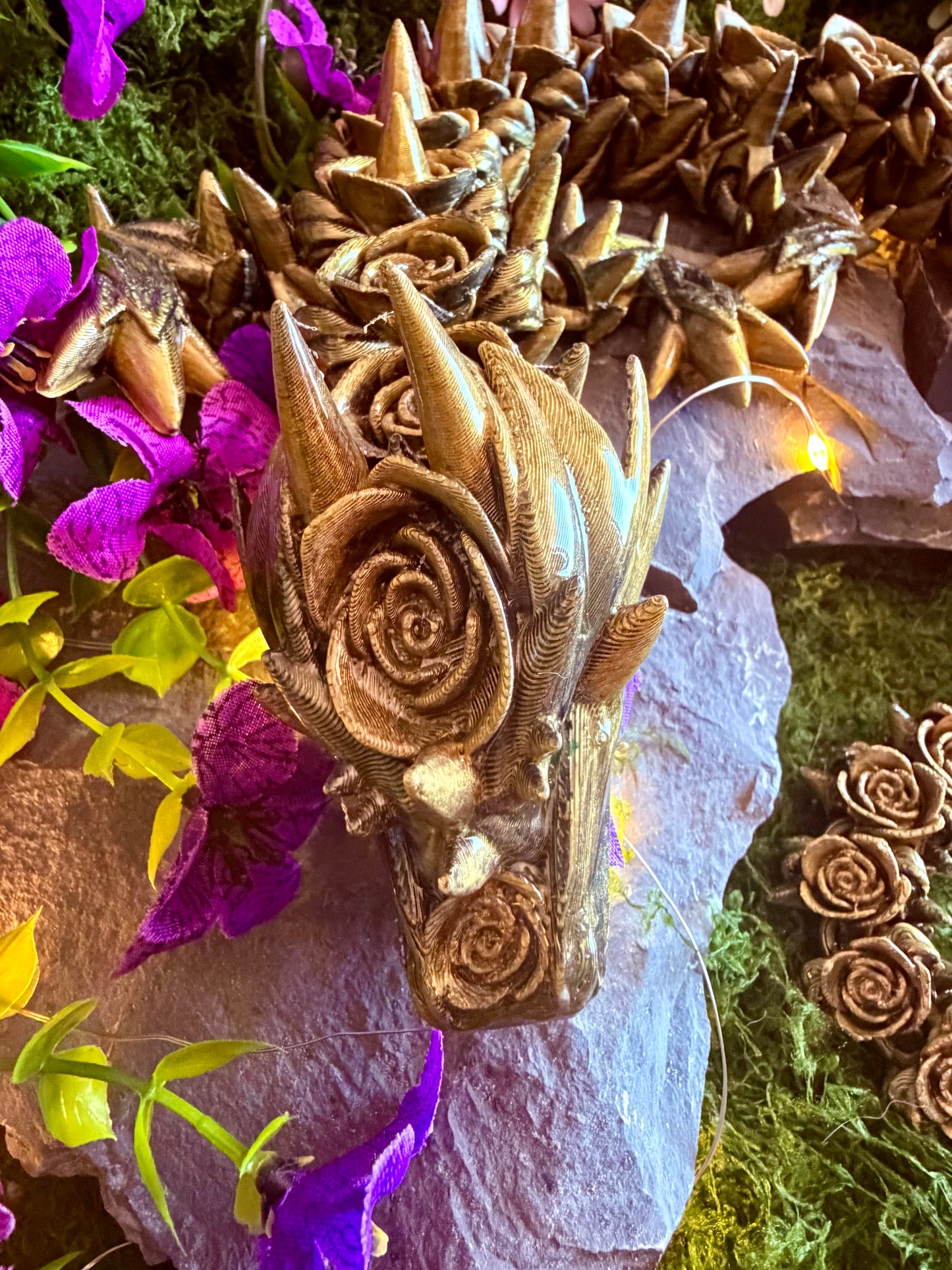 Gilded Obsidian 21-inch Rose Thorn Articulated Dragon Sculpture