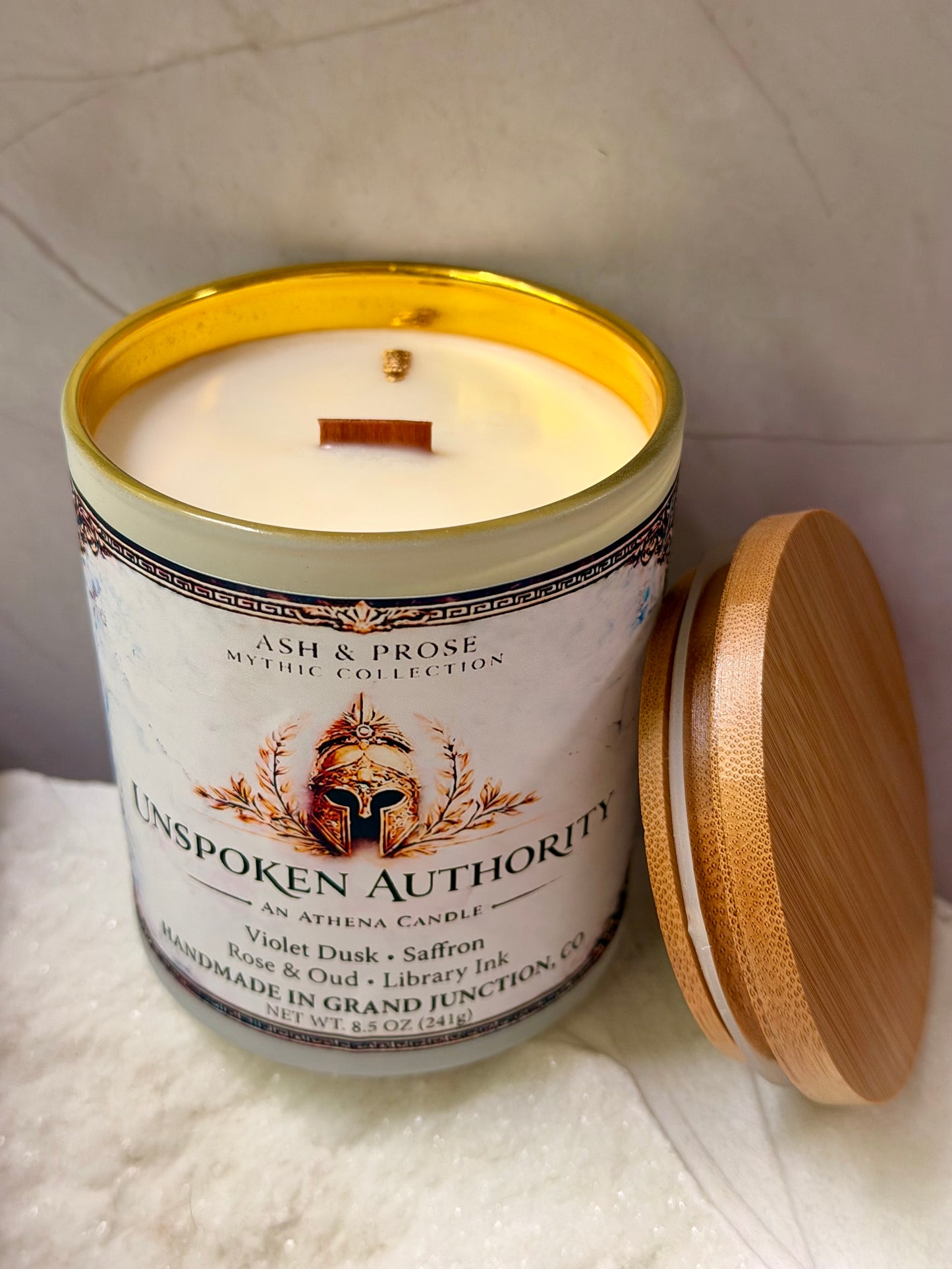 Athena Candle – Unspoken Authority, Violet Dusk, Saffron, Rose Oud (8.5oz)
