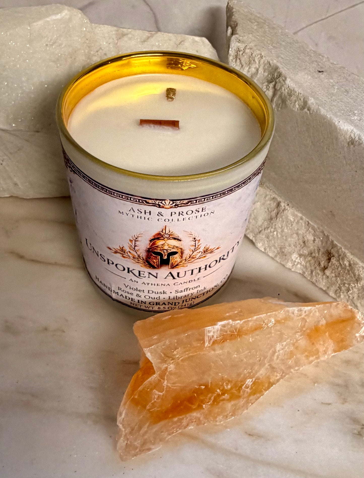 Athena Candle – Unspoken Authority, Violet Dusk, Saffron, Rose Oud (8.5oz)