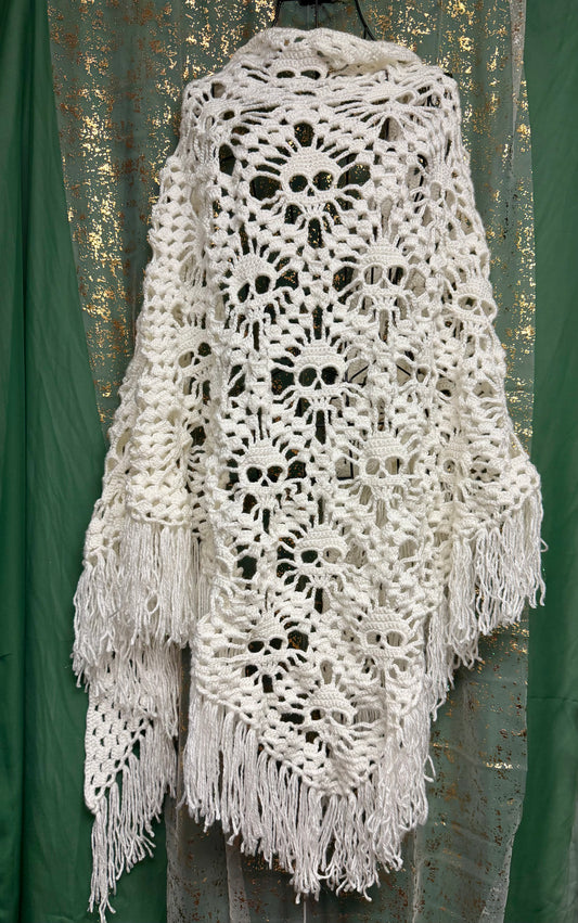 Lost Souls Skull Shawl in Snow Sparkle | Intricate Hand-Crochet Gothic Shawl 85”